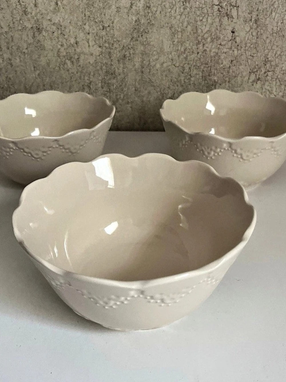 Pioneer Woman Cowgirl Lace Linen White Bowl country Cereal Ice Cream 6” 3 piece